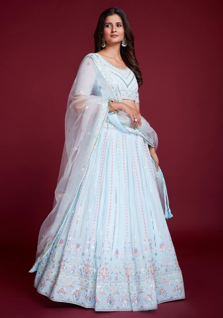 Sky Blue Embroidery Georgette Lehenga Set - Indya