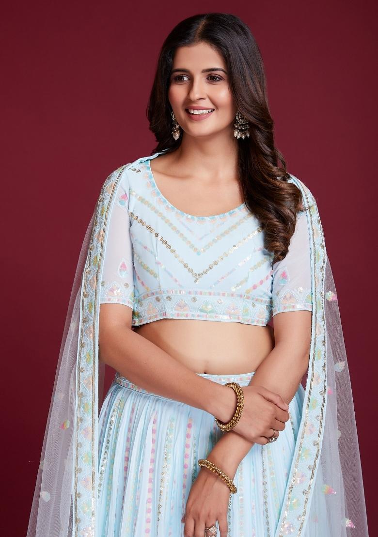 Sky Blue Embroidery Georgette Lehenga Set - Indya
