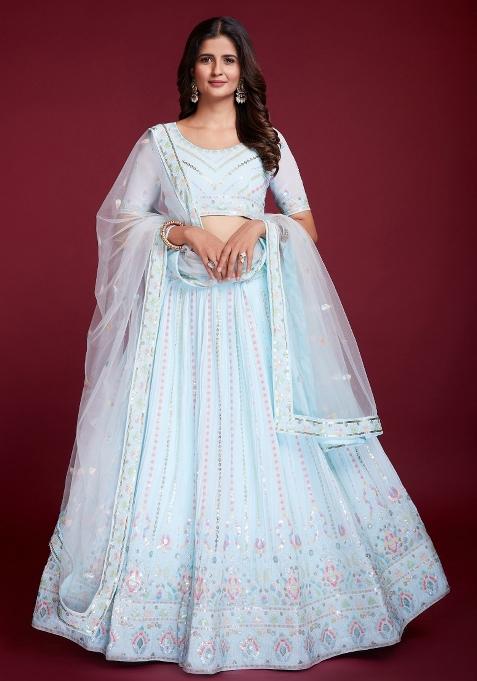 Sky Blue Embroidery Georgette Lehenga Set — view on Indya