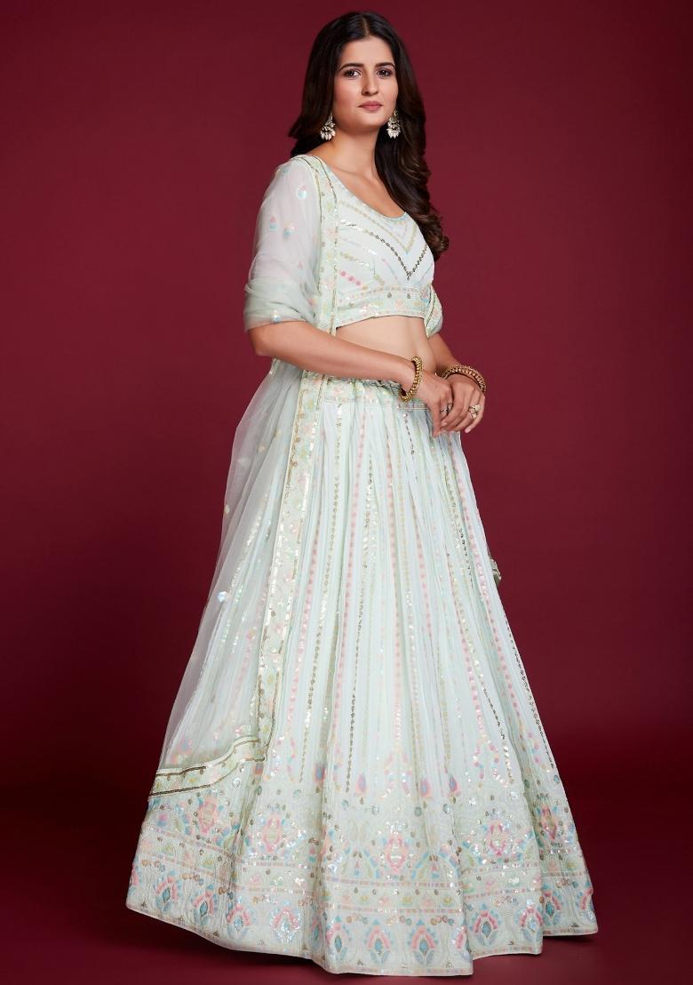 White Embroidery Georgette Lehenga Set - Indya