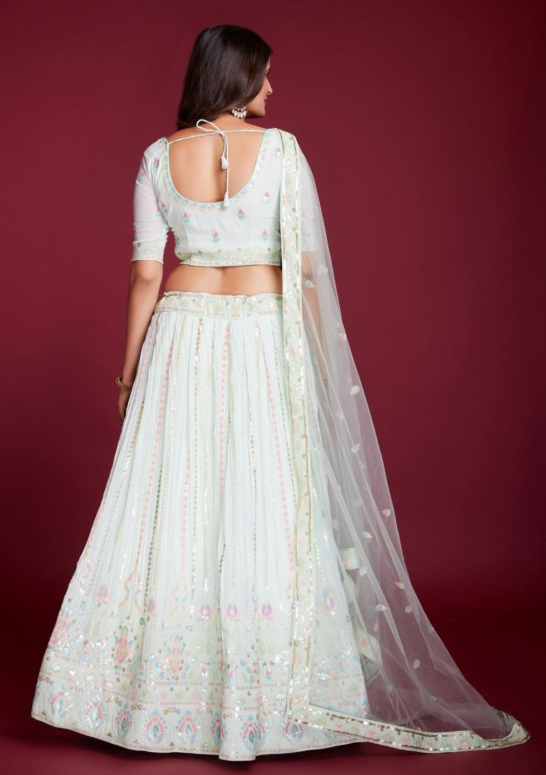 White Embroidery Georgette Lehenga Set - Indya