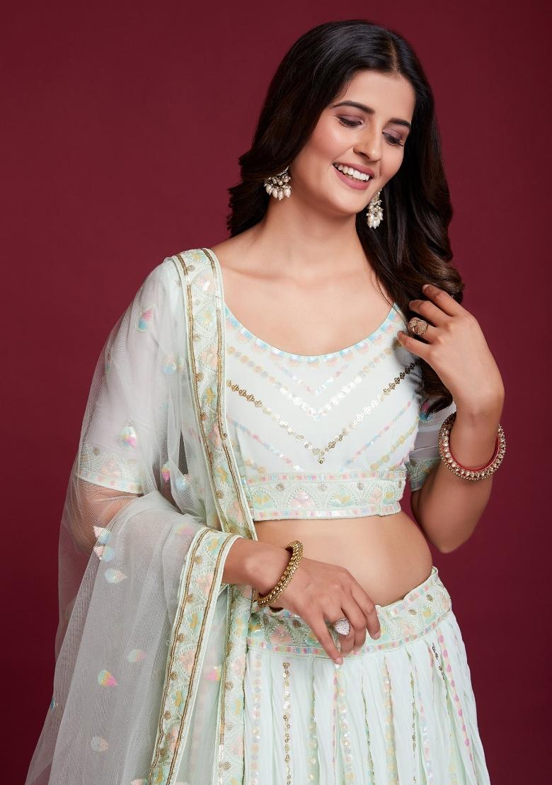 White Embroidery Georgette Lehenga Set - Indya