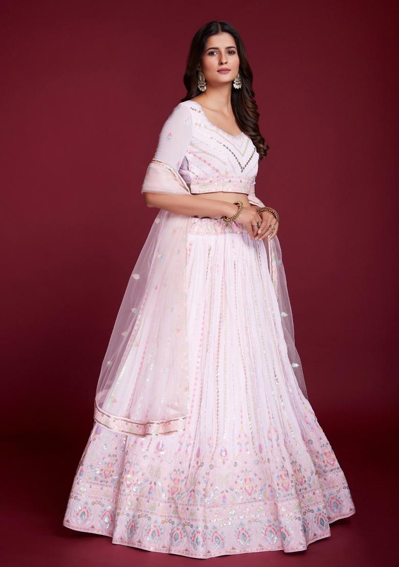 Pink Embroidery Georgette Lehenga Set - Indya