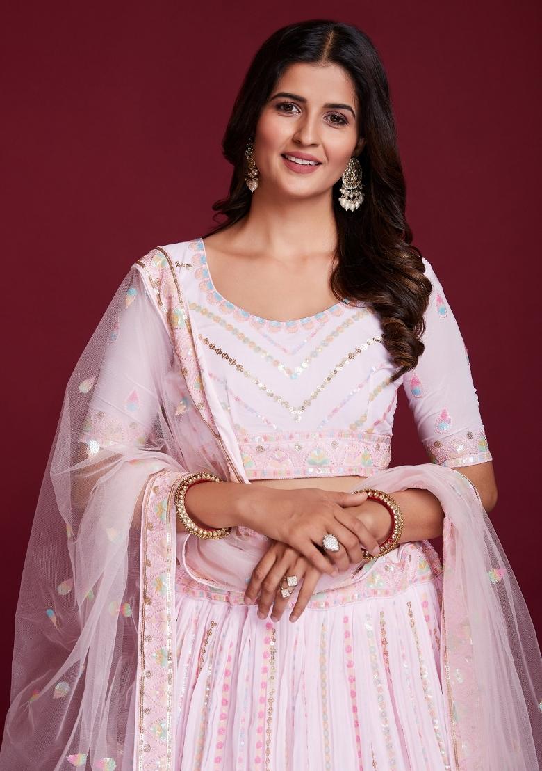 Pink Embroidery Georgette Lehenga Set - Indya