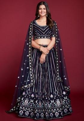 Dark Blue Embroidery Georgette Lehenga Set