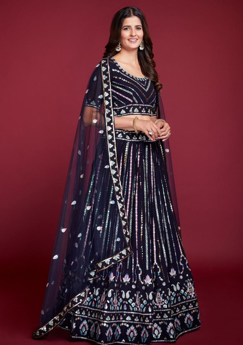 Dark Blue Embroidery Georgette Lehenga Set - Indya