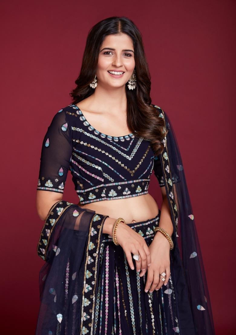 Dark Blue Embroidery Georgette Lehenga Set - Indya