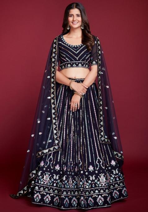 Dark Blue Embroidery Georgette Lehenga Set — view on Indya