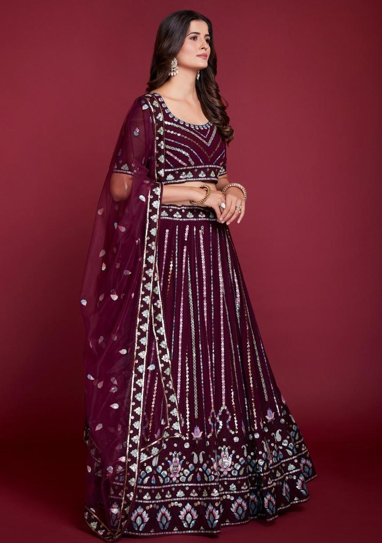 Purple Embroidery Georgette Lehenga Set - Indya