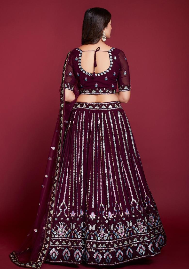 Purple Embroidery Georgette Lehenga Set - Indya