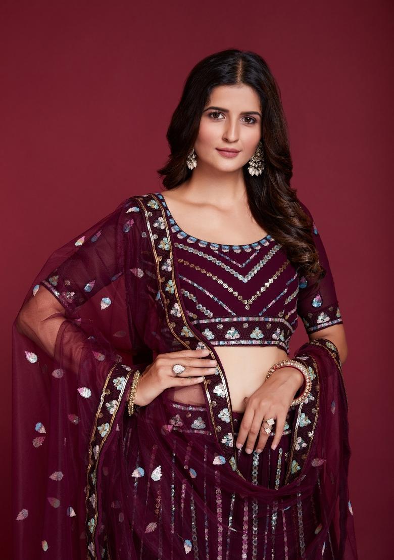 Purple Embroidery Georgette Lehenga Set - Indya
