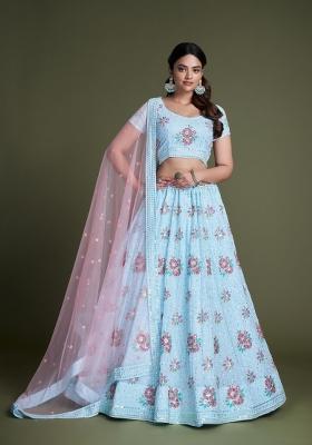 Sky Blue Embroidery Georgette Lehenga Set