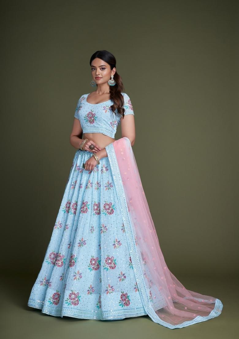 Sky Blue Embroidery Georgette Lehenga Set - Indya