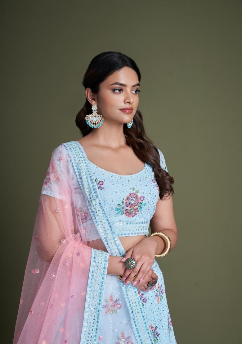 Sky Blue Embroidery Georgette Lehenga Set - Indya