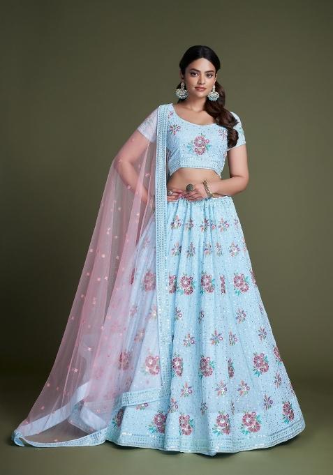 Sky Blue Embroidery Georgette Lehenga Set