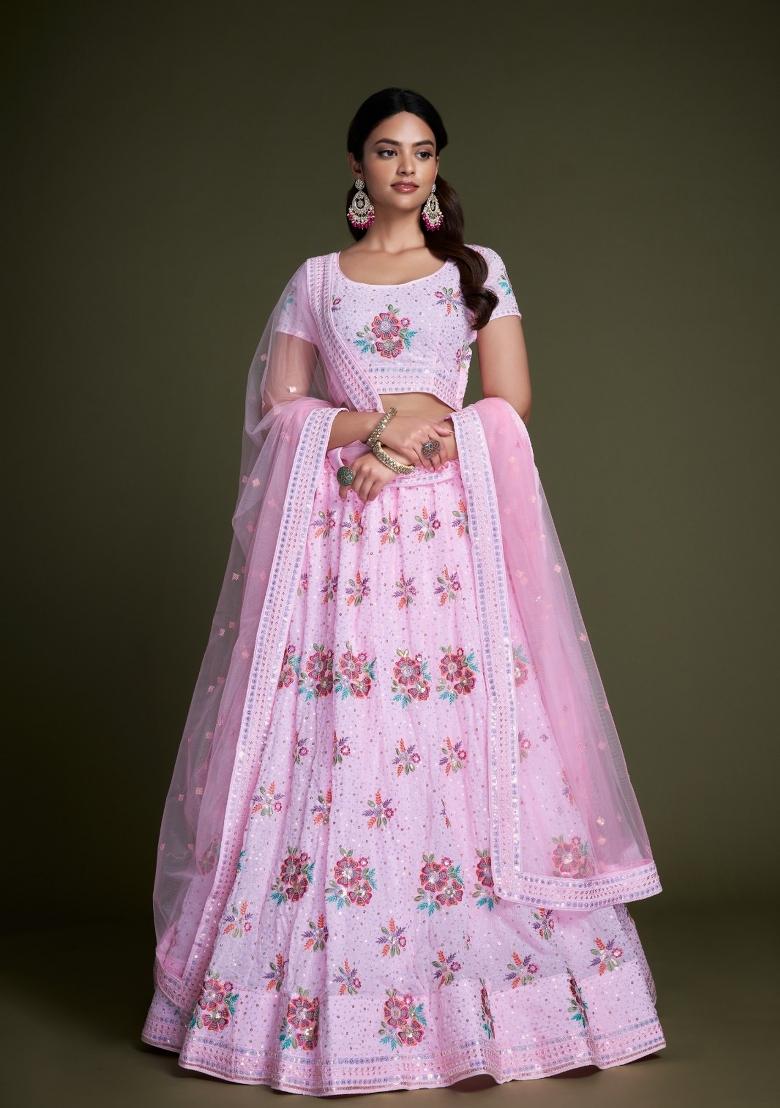 Pink Embroidery Georgette Lehenga Set - Indya