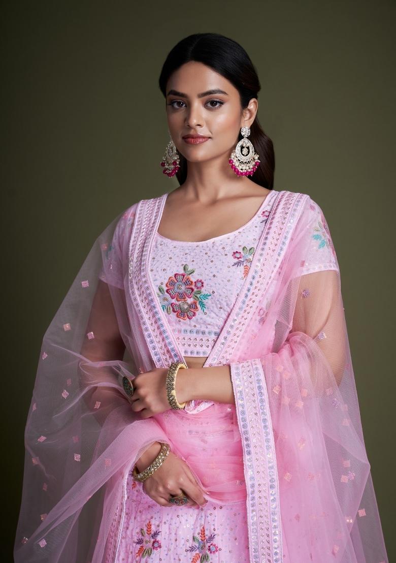 Pink Embroidery Georgette Lehenga Set - Indya