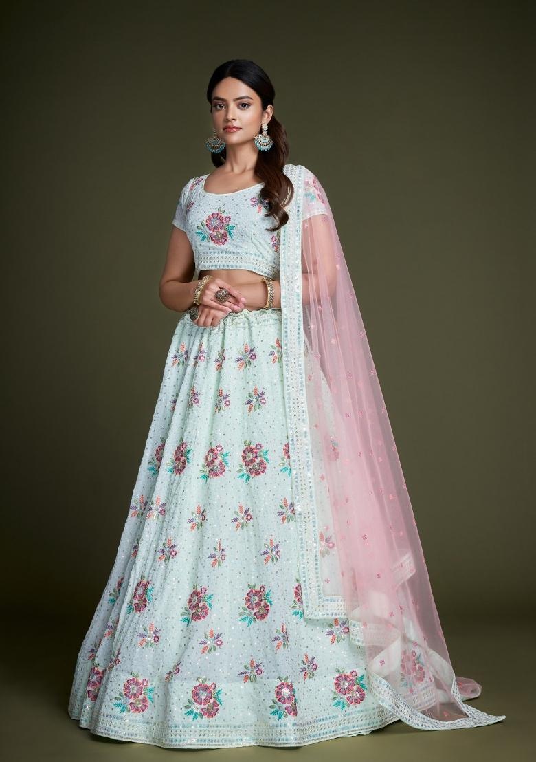 Light Green Embroidery Georgette Lehenga Set - Indya