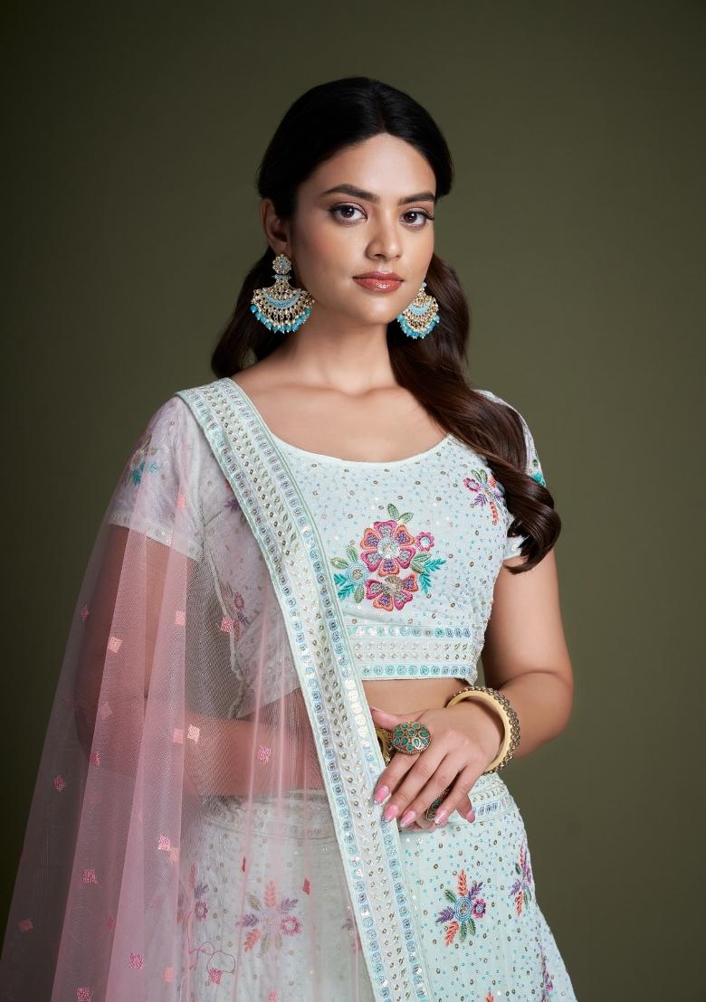 Light Green Embroidery Georgette Lehenga Set - Indya