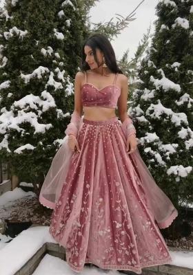 Pink Embroidery Satin Lehenga Set