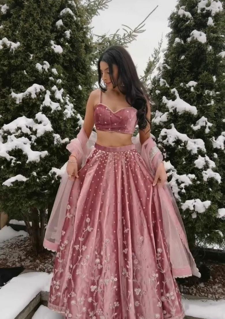 Pink Embroidery Satin Lehenga Set - Indya