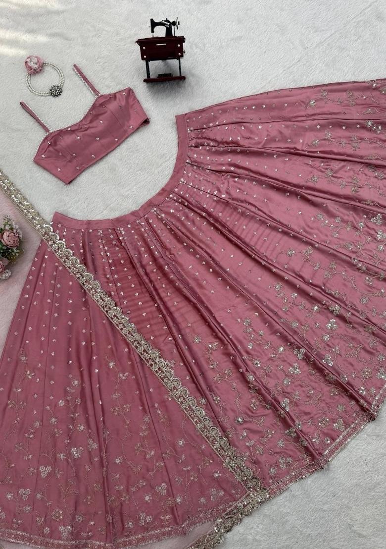 Pink Embroidery Satin Lehenga Set - Indya