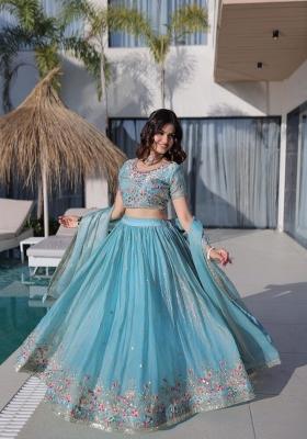 Sky Blue Embroidery Silk Lehenga Set