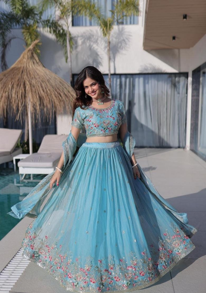 Sky Blue Embroidery Silk Lehenga Set - Indya
