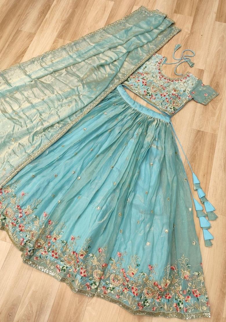 Sky Blue Embroidery Silk Lehenga Set - Indya