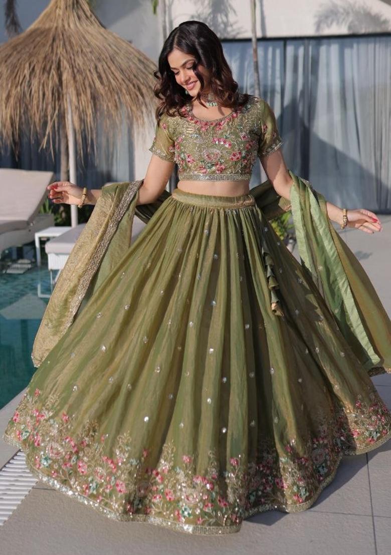 Green Embroidery Silk Lehenga Set - Indya
