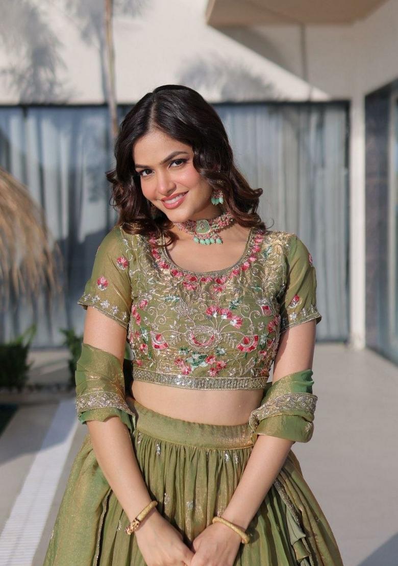 Green Embroidery Silk Lehenga Set - Indya