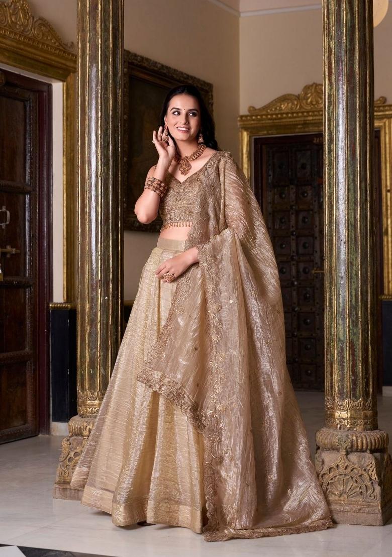 Brown Embroidery Gold Crush Lehenga Set - Indya
