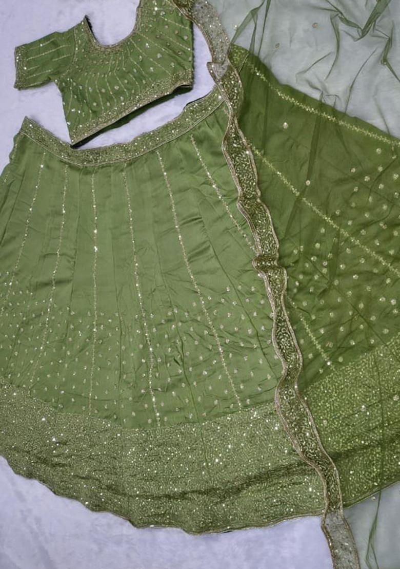 Green Embroidery Silk Lehenga Set - Indya