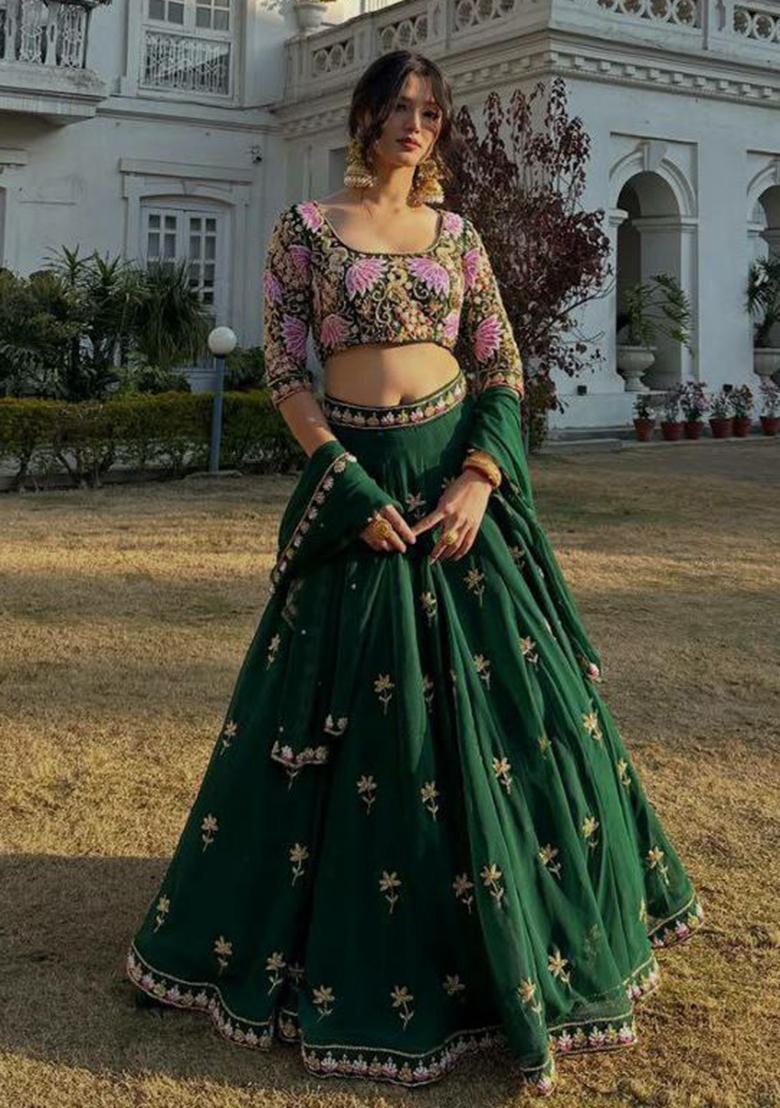 Green Embroidery Georgette Lehenga Set - Indya