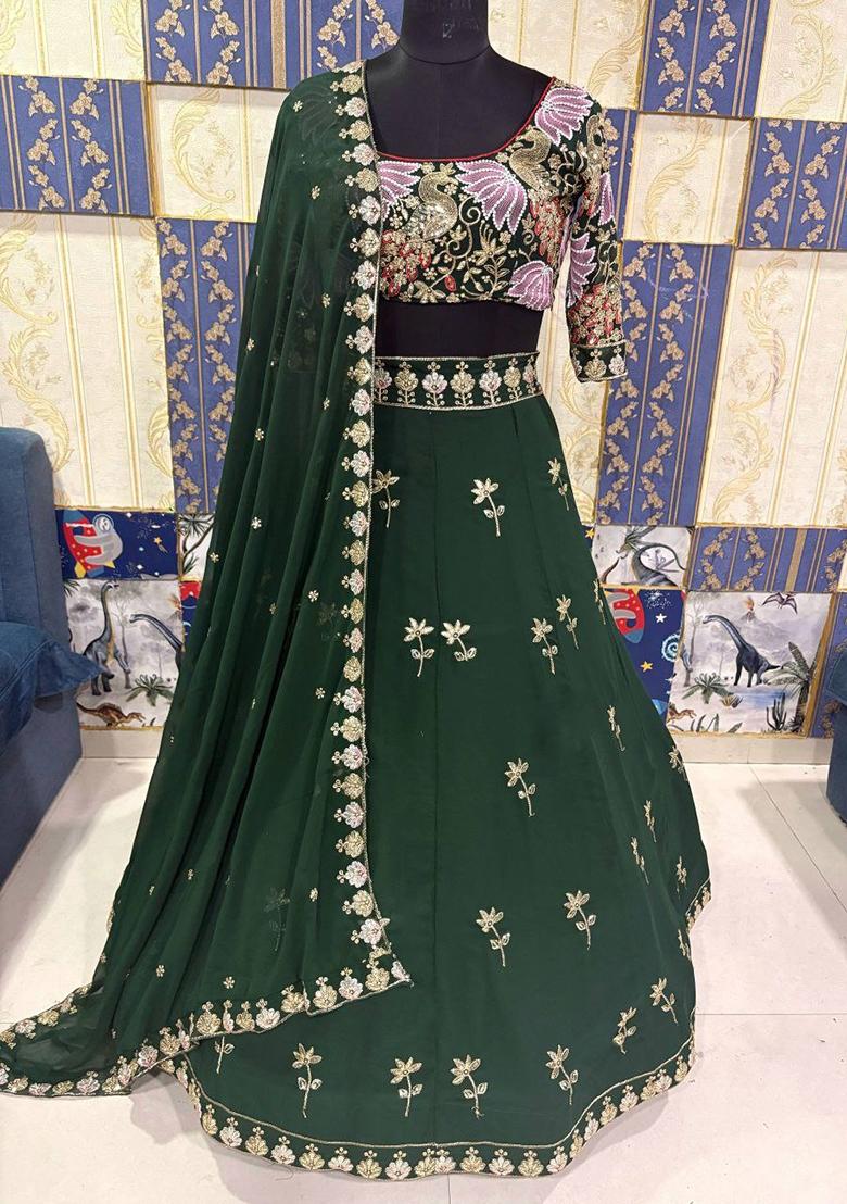 Green Embroidery Georgette Lehenga Set - Indya