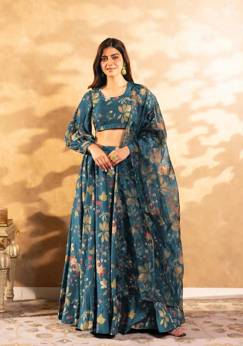 Rama Printed Chinon Lehenga Set - Indya