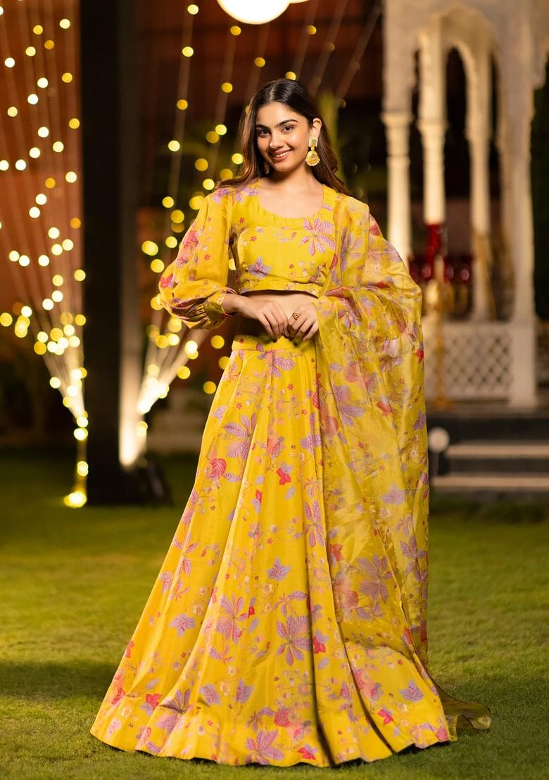 Yellow Printed Chinon Lehenga Set - Indya