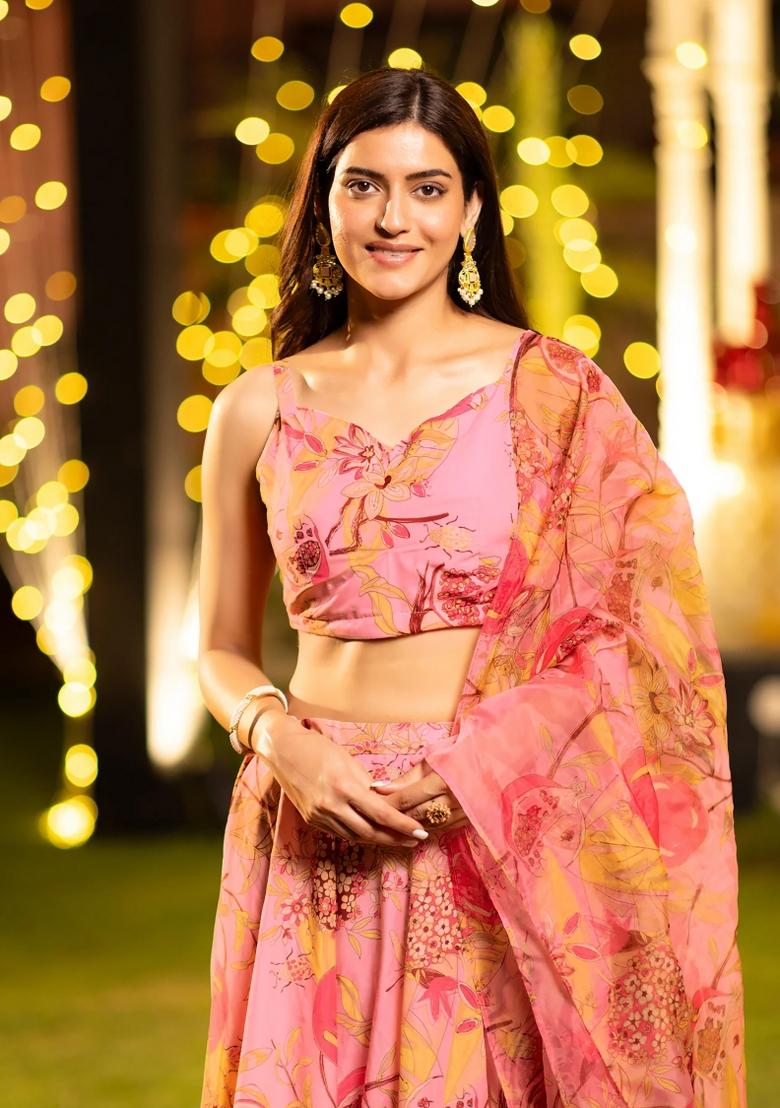 Pink Printed Chinon Lehenga Set - Indya