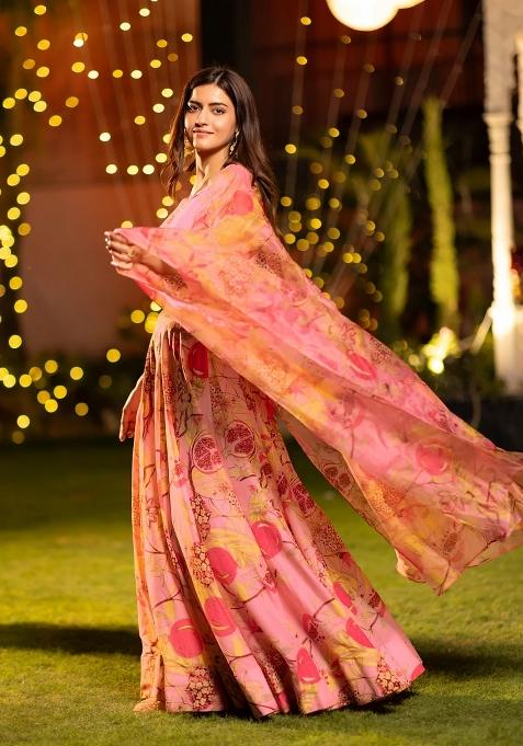 Pink Printed Chinon Lehenga Set — view on Indya