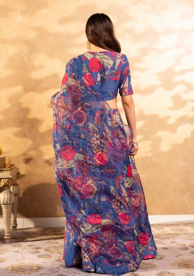 Blue Printed Chinon Lehenga Set - Indya