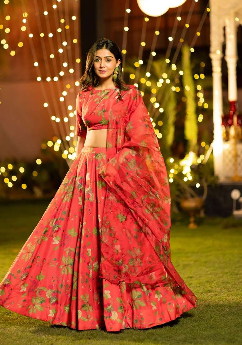 Orange Printed Chinon Lehenga Set for Diwali and Festive Wear - Indya