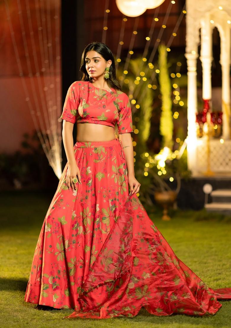 Orange Printed Chinon Lehenga Set - Indya