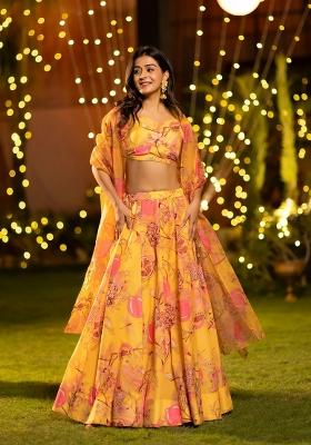 Yellow Printed Chinon Lehenga Set