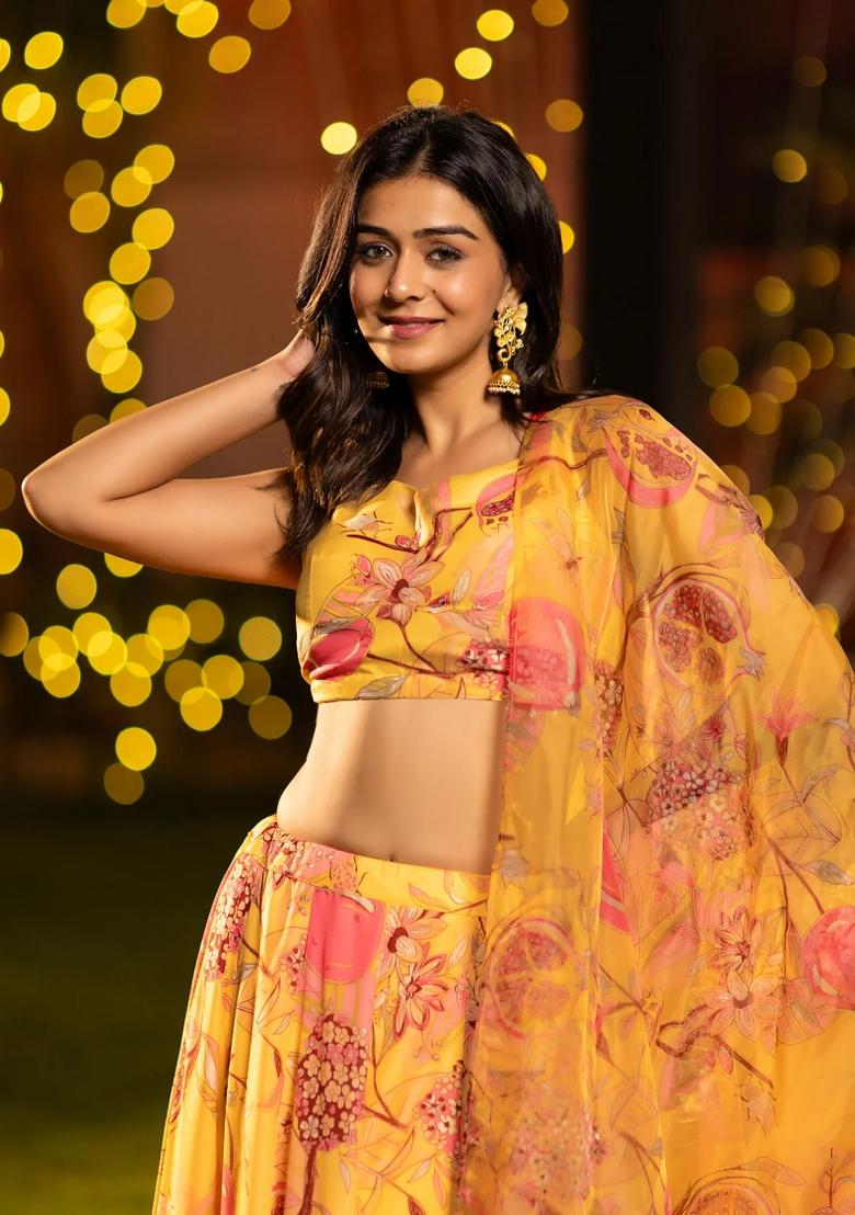 Yellow Printed Chinon Lehenga Set - Indya
