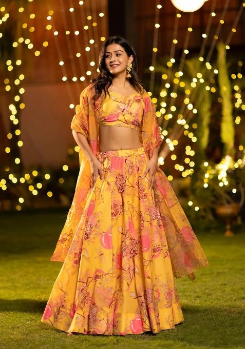 Yellow Printed Chinon Lehenga Set — view on Indya
