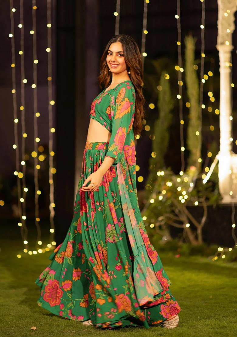 Green Printed Chinon Lehenga Set - Indya