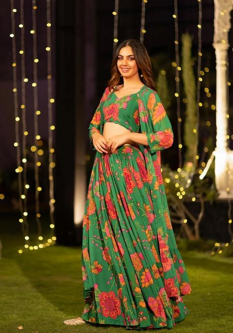 Green Printed Chinon Lehenga Set — view on Indya