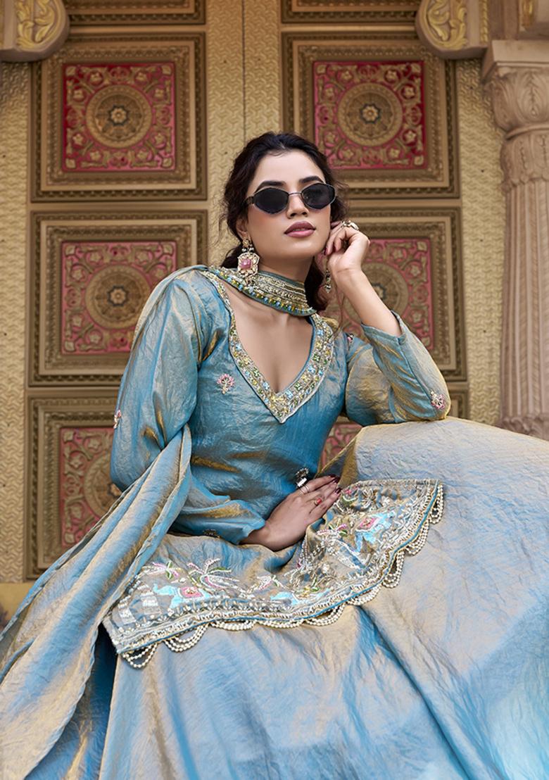 Teal Embroidery Fendi Lehenga Set - Indya