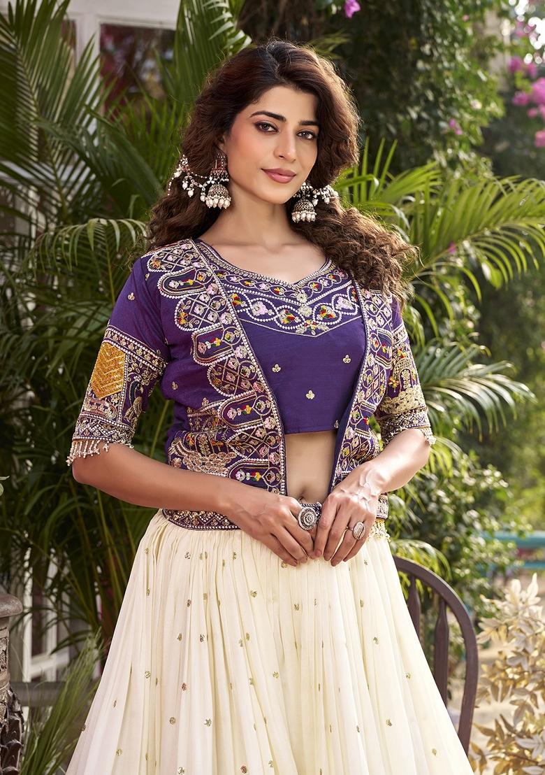 Purple Embroidery Vichitra Lehenga Set - Indya
