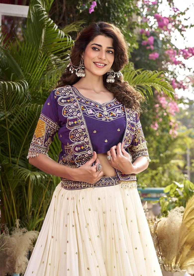 Purple Embroidery Vichitra Lehenga Set - Indya